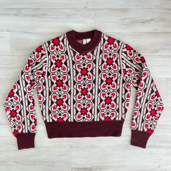 NWOT Anthropologie Retro Prints Fitted Cropped Sweater - Picture 1 of 7